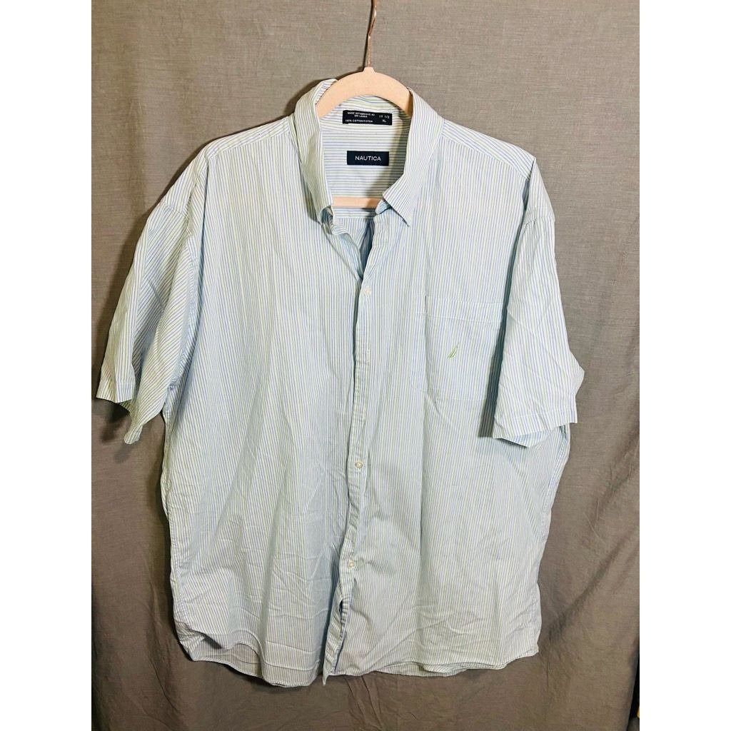Nautica Button Up Shirt Adult Xl 17.5 White Blue Striped Short Sleeve Pocket Men
